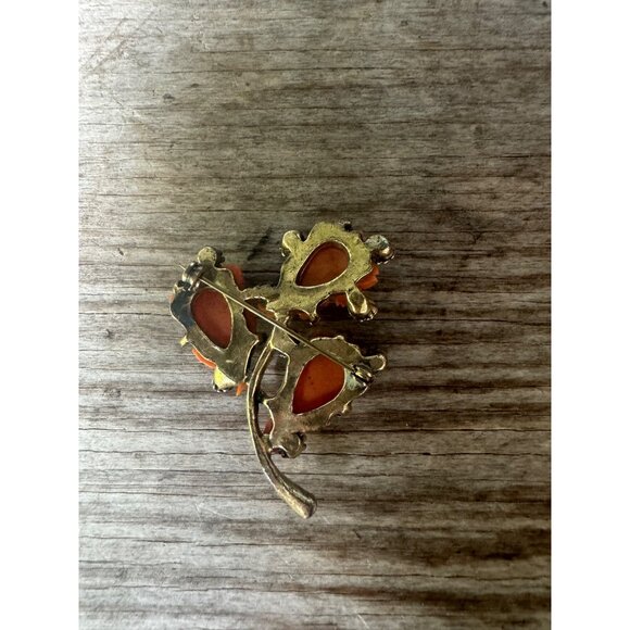 Vintage Faux Floral Coral Rose Brooch With Rhinestones Gold-Tone Metal Retro Sty - Picture 4 of 7